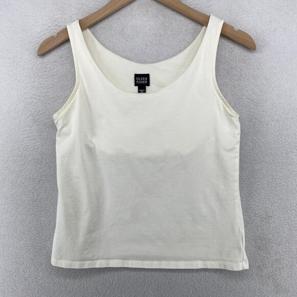 EILEEN FISHER Top S Tank Stretch Cotton Jersey Shelf Bra Scoop Neck White USA - Picture 1 of 14